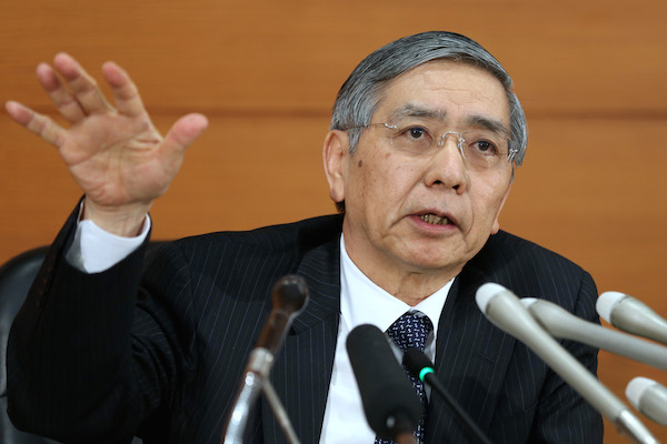 Haruhiko Kuroda, governor of the Bank of Japan (BOJ), gestures as he speaks during a news conference at the central bank's headquarters in Tokyo, Japan, on Wednesday, Feb.18, 2015. Kuroda said he remains on standby to adjust monetary policy if needed after the policy board on Wednesday maintained record stimulus. Photographer: Yuriko Nakao/Bloomberg via Getty Images